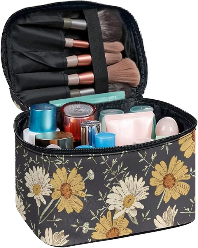 Cottagecore forest Daisy Flower Pattern Travel Makeup Bag for Women,Multifuntional Makeup Organizer,Large Capacity Cosmetic Bag,Toiletry Bag for Women with Zipper and Portable Handle