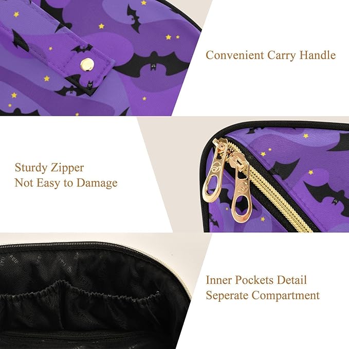 Makeup Organizer Bag, Halloween Black Bats Night Sky with Stars Travel Makeup Bags Makeup Vanity Case Large Capacity Rhombus Cosmetic Toiletry Bag for Girl Women Ladies