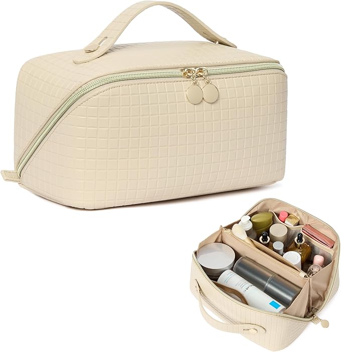 Telena Leather Make Up Bag Portable Travel Makeup Bag Waterproof Cosmetic Bags for Women Large Capacity With Handle and Divider Open Flat