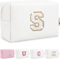 Personalized Initial Letter Makeup Bag, Small Glitter Letter Patch Cosmetic Pouch Zipper, Preppy Makeup Organizer PU Waterproof Travel Toiletry Bag, Monogrammed Birthday Gift for Women Girls
