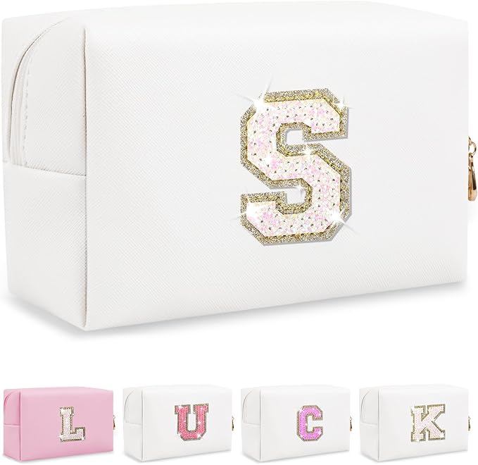 Personalized Initial Letter Makeup Bag, Small Glitter Letter Patch Cosmetic Pouch Zipper, Preppy Makeup Organizer PU Waterproof Travel Toiletry Bag, Monogrammed Birthday Gift for Women Girls