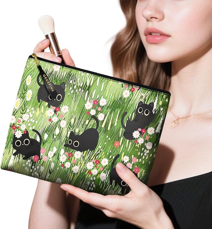 Cute Makeup Bag for Purse Waterproof Cosmetic Bags for Women Funny Smooth Zipper Travel Toiletry Pouch 10X8 Inches-Black Cat Floral Makeup pouch