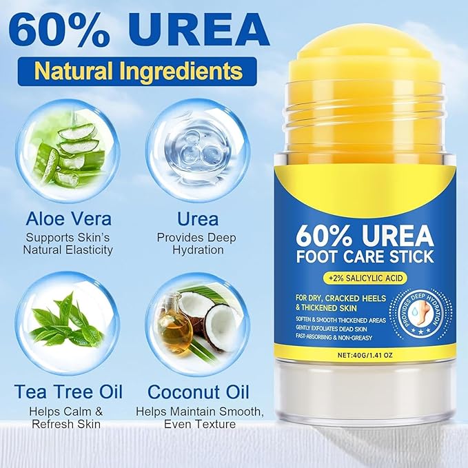 Urea Cream Stick 60% Plus 2% Salicylic Acid, Urea-Based Foot Moisturizer, Portable Foot Care No-Mess Applicator, Repairing Callus Remover for Heels, Knees, Elbows & Hands