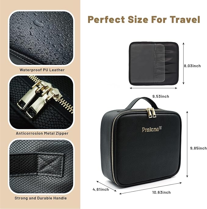 Portable Travel Cosmetic Bag with LED, 3-color Adjustable Cosmetic Organizer, Women's Cosmetic Case, Mirror Makeup Bag Case Rechargeable (Black)