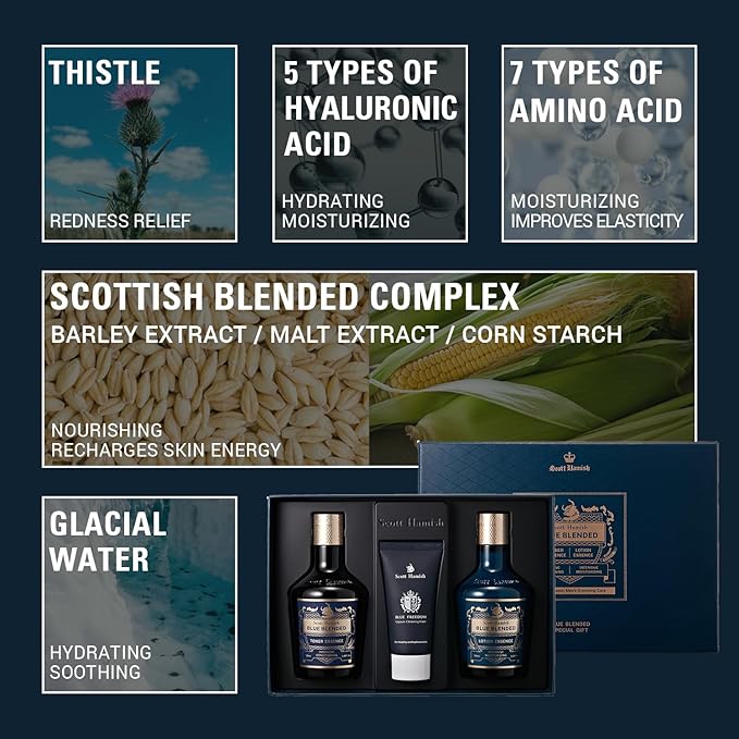 Scott Hamish Blue Blended Set - Skincare Set for Men with Face Wash, Face Toner & Facial Emulsion – Intensive Moisturizing and Conditioning Aftershave Kit Enriched - Bergamot & Musky Scent