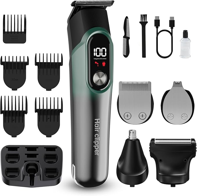 RUIBO Hair Clippers for Men Professional 5 in 1 Cord/Cordless Beard Nose Ear Body Grooming Hair Clipper Trimmer with Smart Charge Technology (Green)
