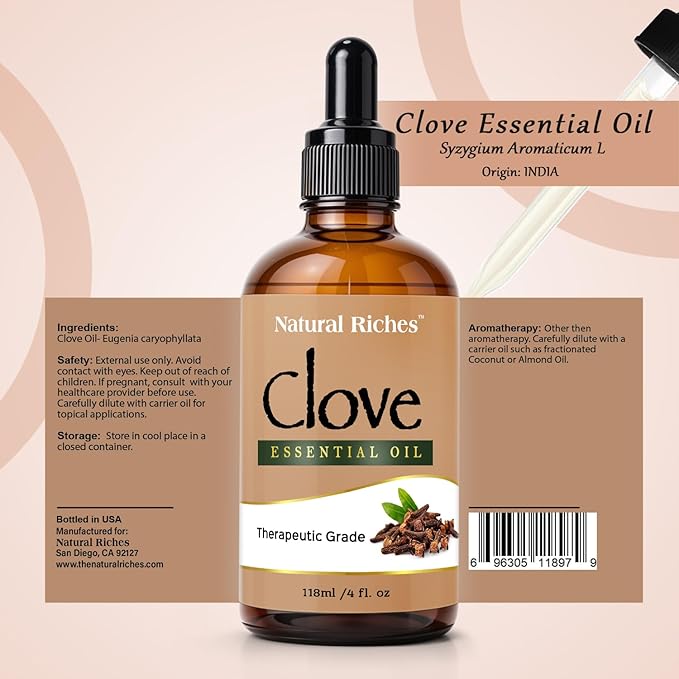 Natural Riches Pure Clove Essential Oil 4 Fl Oz, Therapeutic Grade for Tooth Ache Soothes Sore Muscles Clove Bud Oil Essential Oil for Teeth, Gums, Toothache, Skin Use and Hair Care.