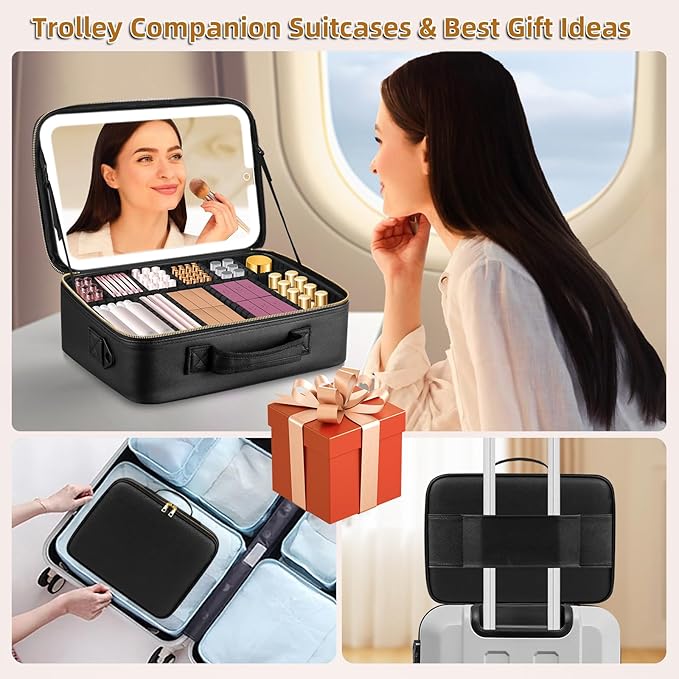15''X11'' Makeup Bag with Removeable Lighted Mirror, Travel Makeup Case with 3 Color Lights Dimmable Brightness, Large Capacity Cosmetic Organizer Case with Detachable Dividers & Shoulder Strap