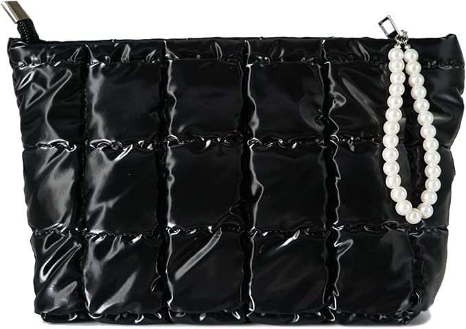Puffer Quilted Makeup Bag Travel Cosmetic Bag Portable Puffy Checkered Toiletry Pouch Skincare Organizer Purse Pencil Case (Black)