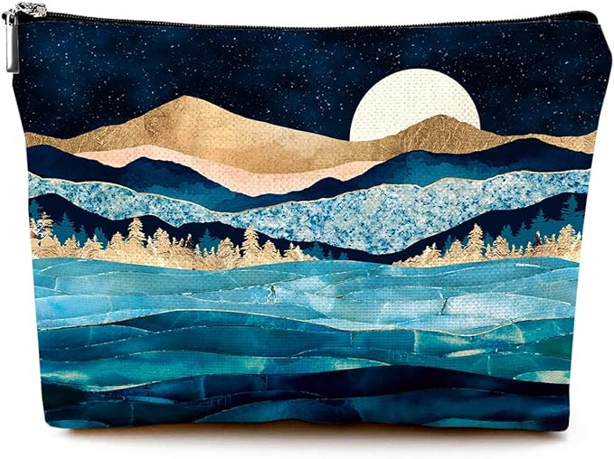 Cute Makeup Bag for Purse Canvas Waterproof Funny Cosmetic Bags for Women Zipper Travel Toiletry Pouch-Mountain Moon Lake Makeup Bags