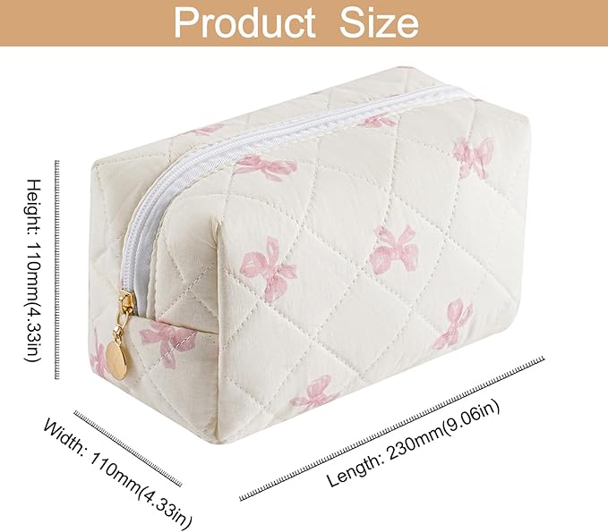 Makeup Bag Travel Cosmetic Bag for Women Girls, Zipper Make Up Pouch, Floral Flowers Toiletry Organizer Makeup, Portable Storage Cosmetic Travel Cloth Bag (Pink Bow Tie+Flower-Red)
