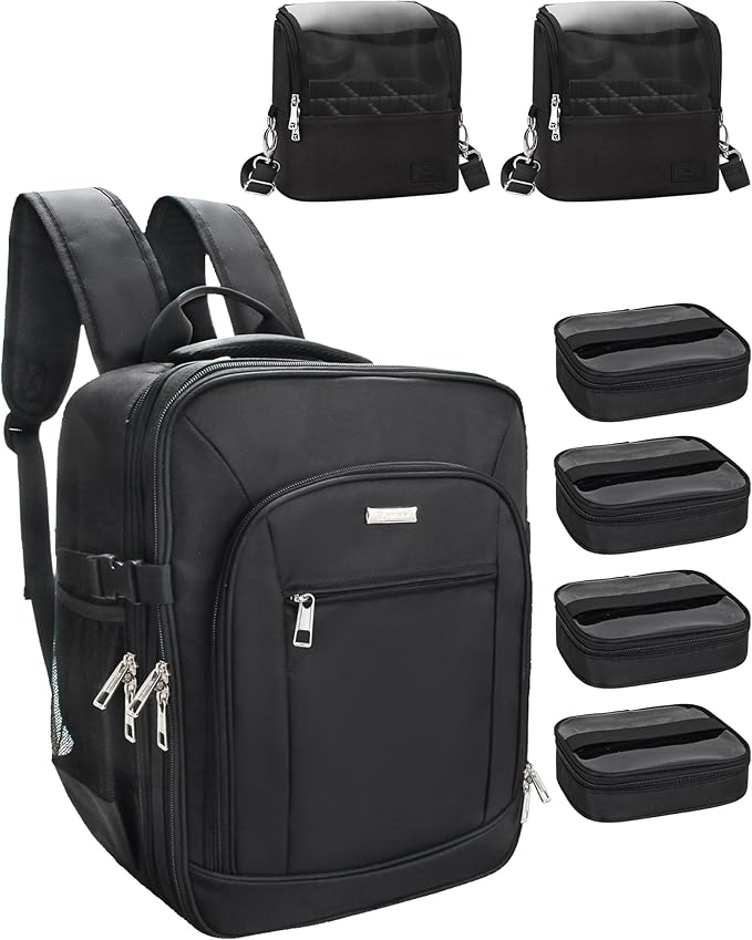 TANTO Makeup Backpack Makeup Artist Bag Professional Extra Large Cosmetic Bags Travel Train Case Storage Organizer Double-Layer Cosmetic Case with 4 Pouch and 2 Brush Bag (Black, Three)