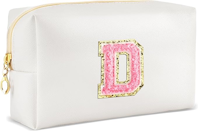 Initial Makeup Bag Personalized Preppy Travel Small Cosmetic Bag Cute PU White Chenille Letter Makeup Pouch for Purse Waterproof Zippered Toiletry Organizer for Women Girls Kids Friends (D)
