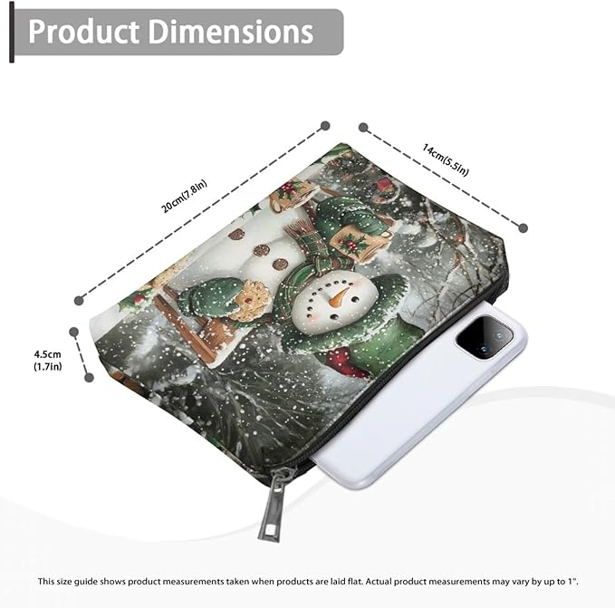 COEQINE Mini Cosmetic Bags for Women Leather Makeup Bag Large Travel Make up Brush Case Toiletry Bag for Womens Holiday Birthday Christmas Gifts,Cute Snowman Designer