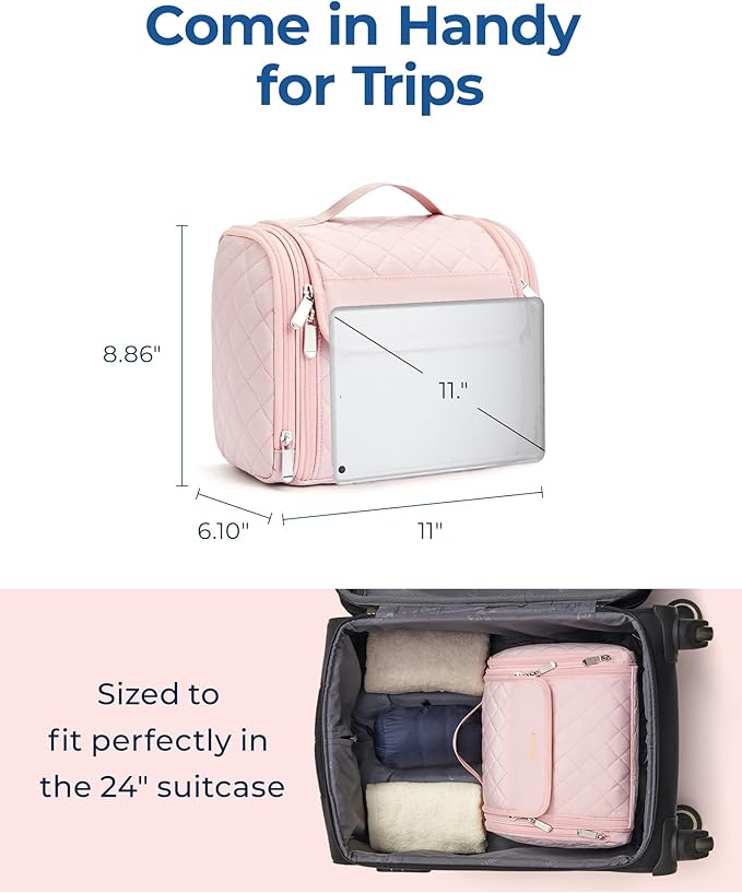 BAGSMART Makeup Bag for Women with Hanging Hook, Large Portable Capacity Water-resistant Organizer Travel Case for Toiletries and Cosmetics, Pink