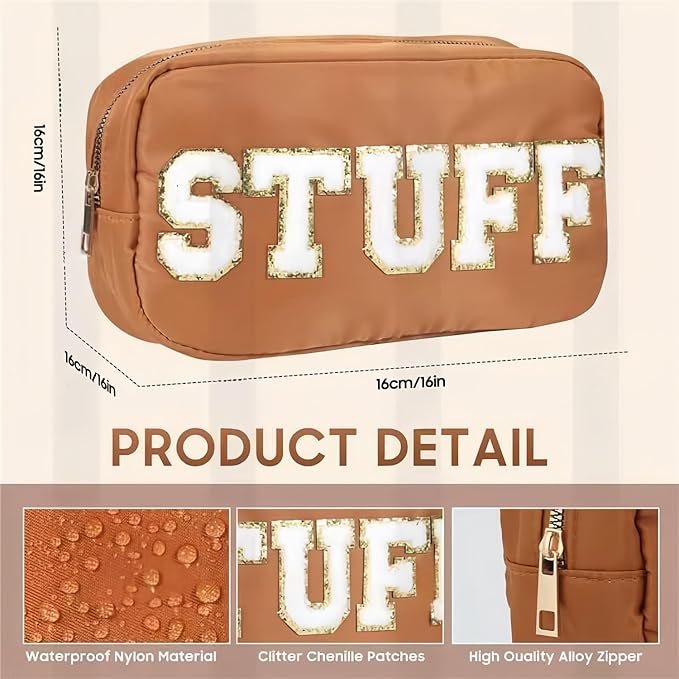 4 Pcs Nylon Cosmetic Bags Travel Organizer Chenille Letter Makeup Pouch Zipper Preppy Waterproof Hair Bag Toiletry Pouch for Women Girls Coffees