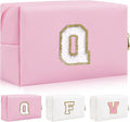 Iqimott,Personalized Initial Letter Patch Makeup Bag, Preppy Portable Chenille Letter Cosmetic Bag with Zipper, PU Leather Travel Toiletry Bag Monogram Make Up Pouch for Women Girls(Letter Q)