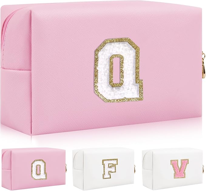 Iqimott,Personalized Initial Letter Patch Makeup Bag, Preppy Portable Chenille Letter Cosmetic Bag with Zipper, PU Leather Travel Toiletry Bag Monogram Make Up Pouch for Women Girls(Letter Q)