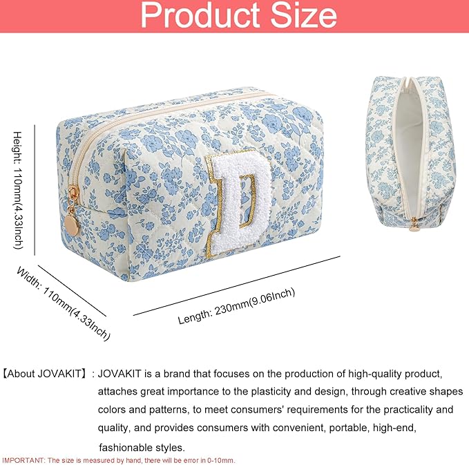 JOVAKIT Makeup Bag Cosmetic Bags for Women, Christmas Gifts for Girls Age 6-18, Alphabet Pink Floral Coquette Zipper Travel Makeup Pouch, Organizer Case Trendy Stuff (Pink+ Blue D)