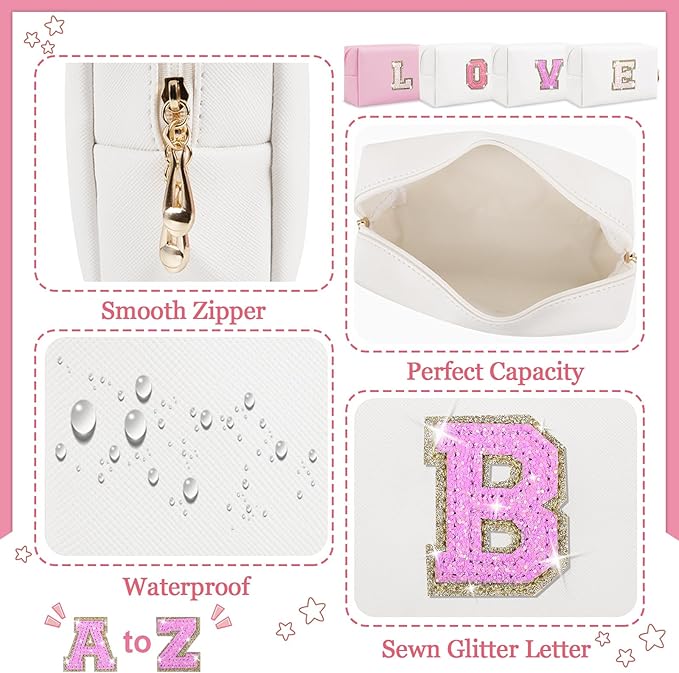 Personalized Initial Letter Makeup Bag, Preppy Glitter Letter Patch Cosmetic Pouch Zipper,PU Waterproof Travel Toiletry Bag Cute Makeup Organizer Monogrammed Make Up Bag,Gift for Women Girls(Letter B)