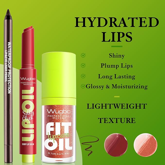 Brown Lip Liner Glitter Lip Gloss Oil Click Lip Balm, Hydrating Lipstick Tinted Lip Oil for Women Makeup Lightweight Non Sticky Liquid Lipstick Lip Liner Pencil Combo Set