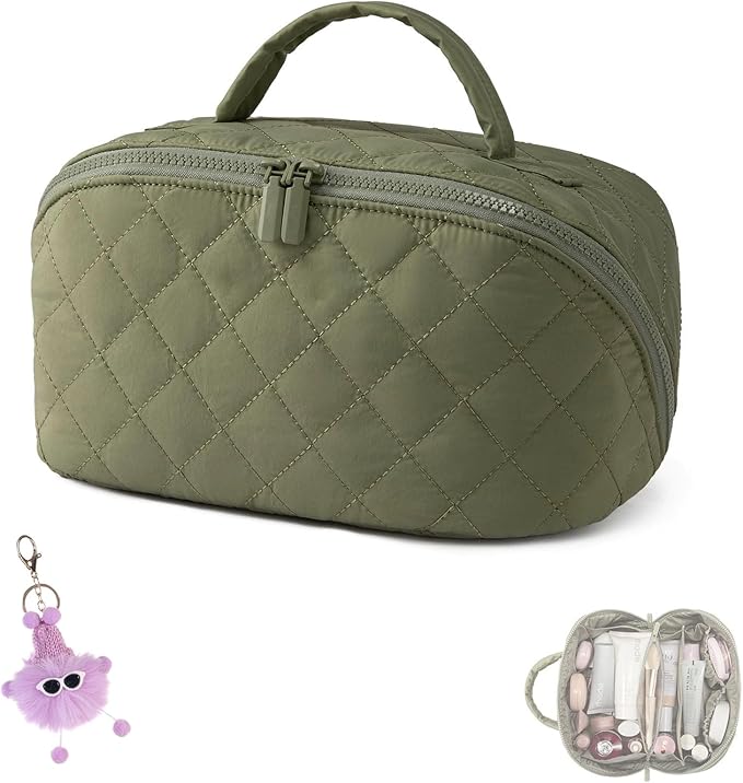 Makeup Bag for Woman, 180° Lay Flat Wide Open Makeup Bags, Large Fold out Washable Cosmetic Case, Quilted Puffy Toiletry Bags for Toiletries (Green)