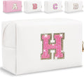 Small Personalized Glitter Initial Letter Makeup Bag, Cute PU Leather Chenille Letters Cosmetic Bag Travel Makeup Pouch, Preppy Travel Organizer Zipper Pouch for Women&Girls（WhiteRosePink-H）