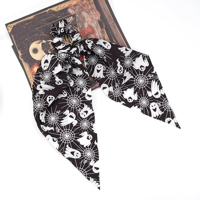 Halloween Hair Ties for Women Girls Spooky Ghost Spider Web Hair Scrunchies Black White Hair Tie Ribbon Hair Bows Halloween Party Gifts Hair Accessories