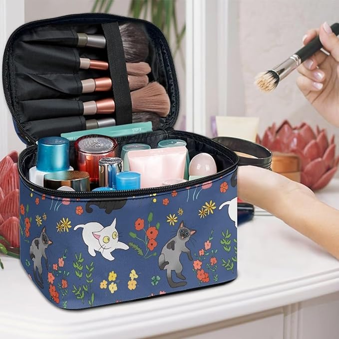 JoyLamoria Cat Floral Portable Cosmetic Bag Cute Makeup Case Zipper Closure