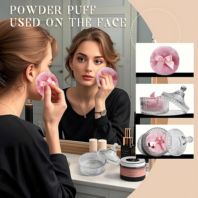 2 Pcs Large Body Powder Puff and Container Powder Container with Puff Crystal Case Soft Washable Reusable Velour Face Body Glitter Wet Dry Makeup (Pink)