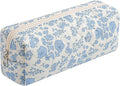 Cute Floral Cotton Makeup Brush Cosmetic Bag for Women, Travel Quilted Zipper Make Up Bag, Flowers Toiletry Organizer Case Kawaii Makeup Cosmetic Travel Cloth Pouch (Blue Floral)
