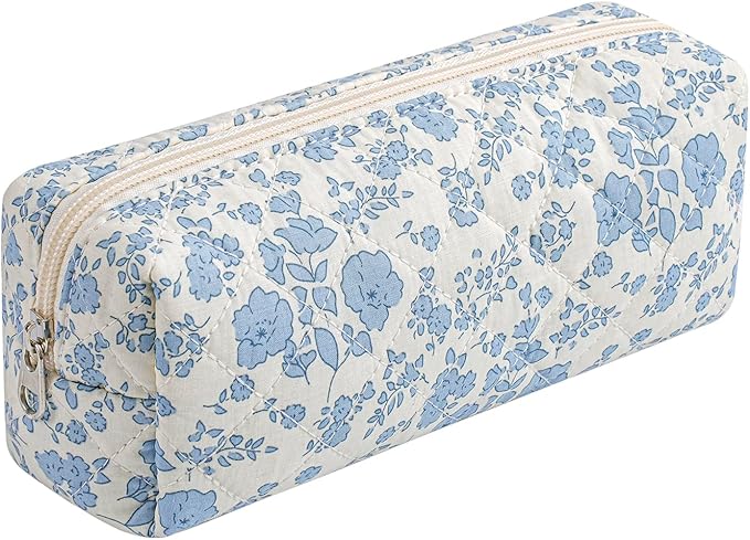 Cute Floral Cotton Makeup Brush Cosmetic Bag for Women, Travel Quilted Zipper Make Up Bag, Flowers Toiletry Organizer Case Kawaii Makeup Cosmetic Travel Cloth Pouch (Blue Floral)
