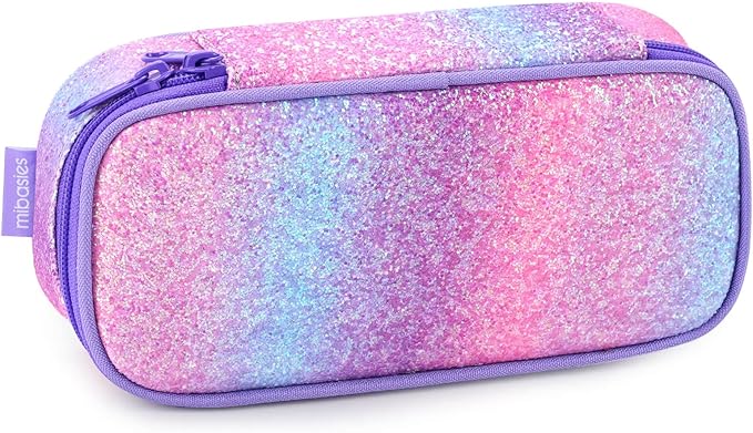 mibasies Girls Pencil Case for Kids, Multi-Slot Pencil Pouch, Pink Purple Rainbow