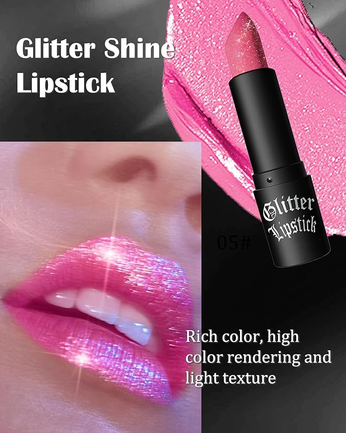 Diamond Glitter Matte Lipstick,Pink Shiny Lip Gloss Lip Tint Stain,Sparkling High Pigment Longlasting Waterproof Non-Stick Cup Lipgloss Lipstick,Shimmer Tinted Lip Blam Lipstain for Women Makeup-05