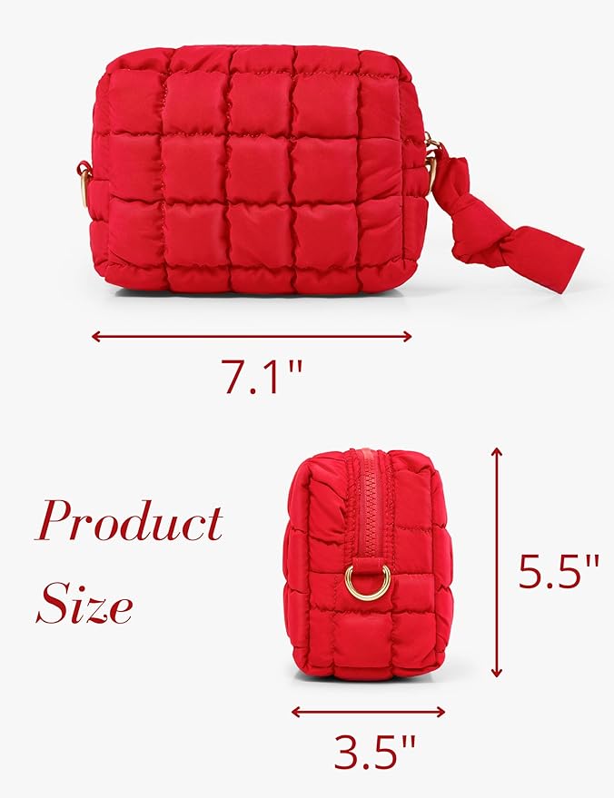 Yarnic Quilted Makeup Bag Puffy Cosmetic Bag, Travel Toiletry Bag for Women, Cute Makeup Bag Organizer Puffer Makeup Pouch (S, Red)
