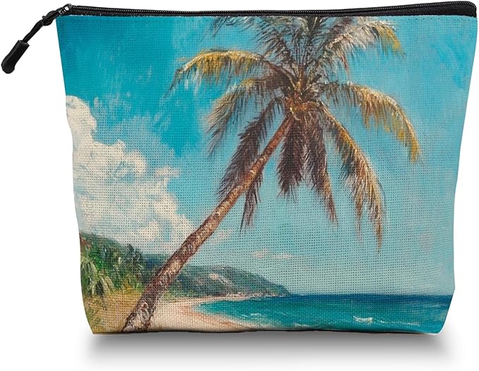 Cosmetic Bags Travel Makeup Toilet Case Waterproof Pouch for Women Girls 6.7X9.45inches - Tilted Coconut Tree on A Tropical Beach