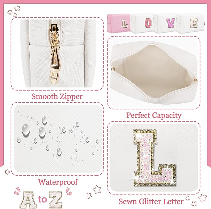 Initial Letter Patch Makeup Bag, Small Preppy A-Z Glitter Letter Cosmetic Bag, PU Leather Waterproof Travel Toiletry Bag, Cute Make Up Pouch Personalized Monogrammed Gift for Women Teen Girls