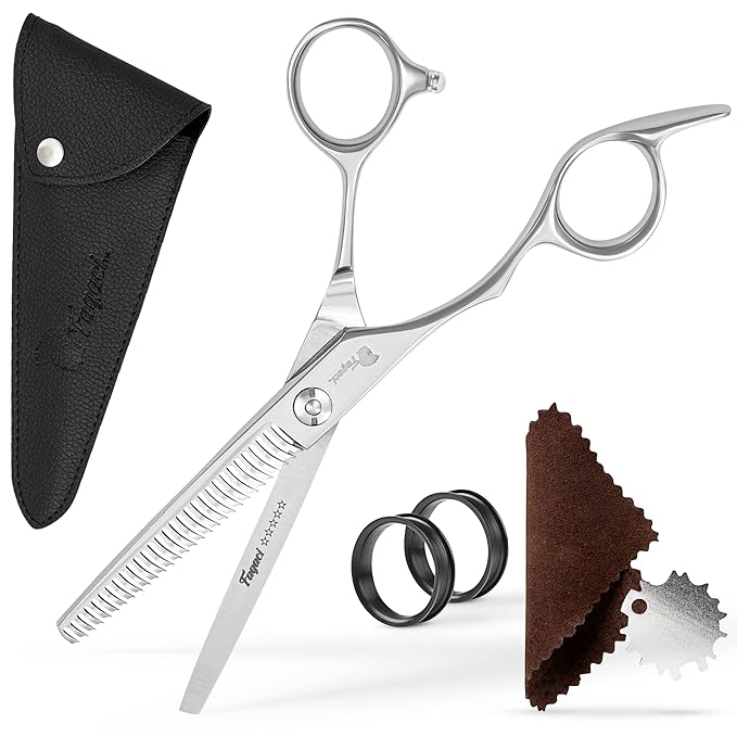 Fagaci Left Handed Professional Thinning Shears 6 Inch with Extremely Sharp Blades, 440C Steel Thinning Scissors, Durable, Smooth Motion & Fine Cut, Hair Scissors with Elegant Sheath