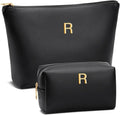 Women Gifts | Initial Makeup Bag Set for Girl Personalized Gifts for Bridesmaid Friend Graduation Teachers PU Leather Cosmetic Travel Toiletry Bag(Black,R)