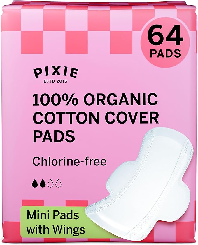 Pixie Organic Cotton Mini Pads with Wings for Women & Teens - Ultra Thin, Light Absorbency Menstrual Pads - Hypoallergenic, Unscented & Biodegradable for Feminine Care - 64 Count
