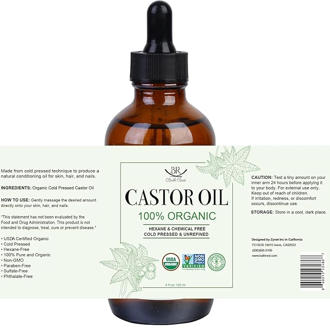 Organic Castor Oil 100% Pure Natural Hair Oil for Hair Growth, Castor oil for Skin Lashes Nails Face Eyelash Eyebrows, Cold Pressed Hexane Free Unrefined USDA Certified 4OZ