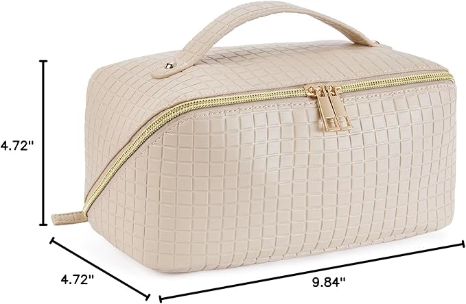 Telena Leather Make Up Bag Portable Travel Makeup Bag Waterproof Cosmetic Bags for Women Large Capacity With Handle and Divider Open Flat