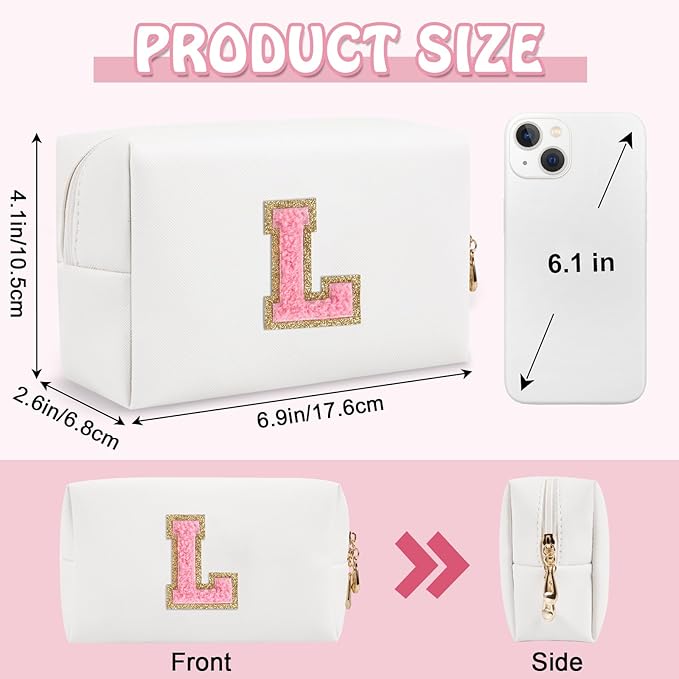 Personalized Initial Preppy Travel Makeup Bag Organizer, Small White Cute Cosmetic Bag Toiletry Zipper Pouch for Women, Portable Waterproof PU Makeup Case Gift for Her Birthday Mom Teacher(Letter L)