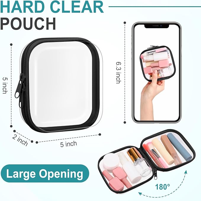 Sanwuta 6 Pcs Clear Hard Zipper Case Hard Plastic Zipper Pouches Makeup Bag Pencil Pouches Transparent Cases for Snacks Plastic Storage Organizer Box for Travel(Black,5 x 5 x 2 Inch)