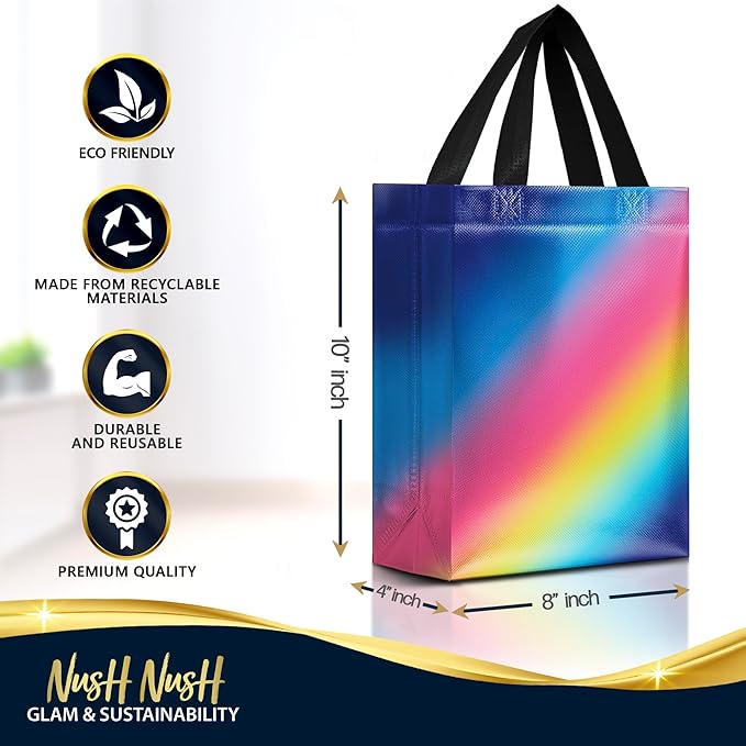 Nush Nush Rainbow Gift Bags in 3 Colorful Design - Set of 12 Reusable Gradient Gift Bags With Handles - Ideal Goodie Bag for Birthday Party Favors, Thanksgiving, Holiday, Kids Party - 8"x4"x10"