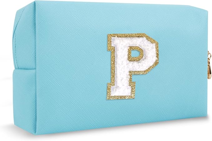 Personalized Initial Preppy Makeup Bag Organizer, Small Blue Cosmetic Bag Monogram Travel Toiletry Zipper Pouch for Purse, Portable Waterproof PU Make Up Case Party Gift for Women Friends(Letter P)