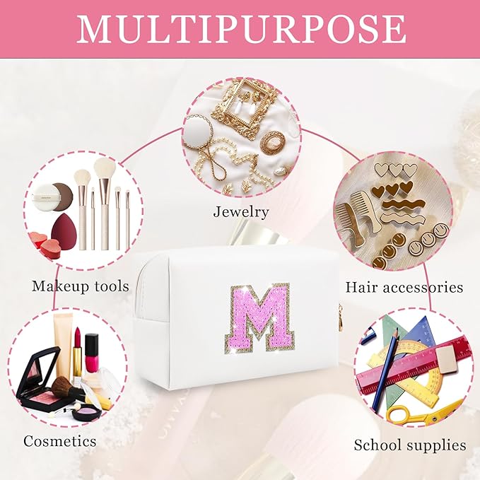 Initial Letter Patch Makeup Bag, Small Preppy A-Z Glitter Letter Cosmetic Bag, PU Leather Waterproof Travel Toiletry Bag, Cute Make Up Pouch Personalized Monogrammed Gift for Women Teen Girls