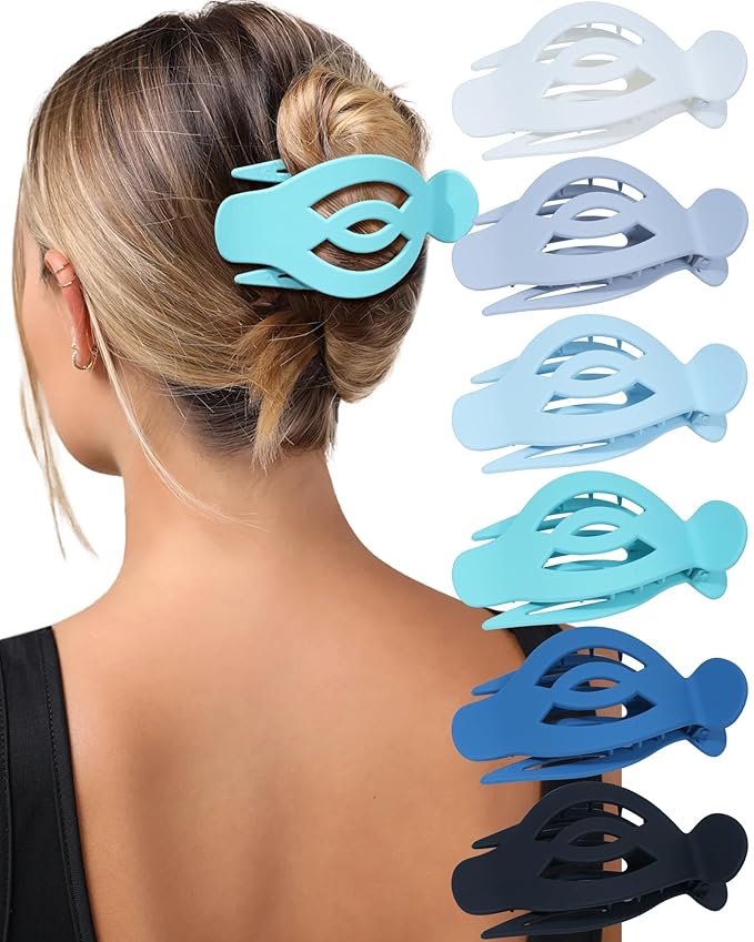 AWAYTR 6Pcs Upgrade Large Flat Hair Claw Clips for Women Girls, 5" Non-slip Duckbill Hair Clips for Long, Thick, Thin Hair, Comfortable for Driving & Lying Down (Matte (Blue))