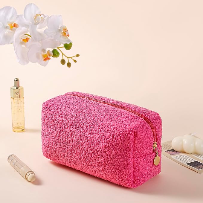 JOVAKIT Travel Makeup Bag Cosmetic Bag for Women, Fashion Christmas Gifts, Plush Zipper Make Up Pouch, Large Capacity Toiletry Organizer Makeup, Portable Storage Bag Trendy Stuff (Rose Red)