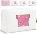Small Personalized Glitter Initial Letter Makeup Bag, Cute PU Leather Chenille Letters Cosmetic Bag Travel Makeup Pouch, Preppy Travel Organizer Zipper Pouch for Women&Girls（WhiteRosePink-W）